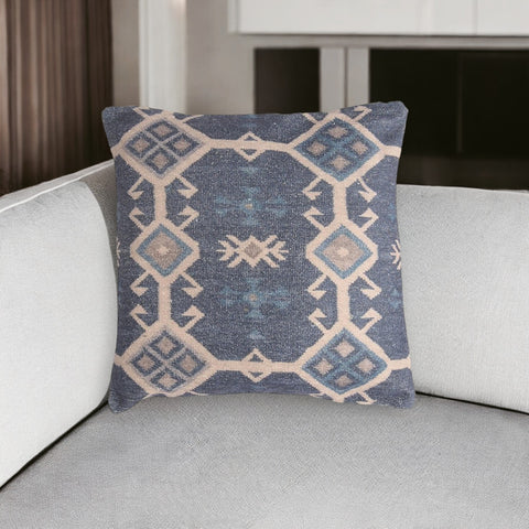 18" Beige and Blue Southwestern Cotton Blend Throw Pillow Cover