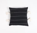 16" Gray and White Striped Cotton Throw Pillow Cover With Embroidery, Tassels