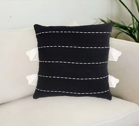 16" Gray and White Striped Cotton Throw Pillow Cover With Embroidery, Tassels