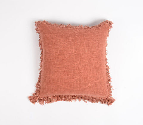 18" Maroon Cotton Throw Pillow Cover With Fringe