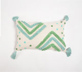 12" X 20" Blue and Green Chevron Cotton Throw Pillow Cover With Tassels, Tufts