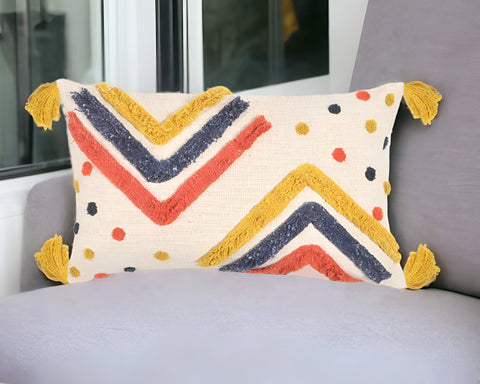 12" X 20" Blue and Off White Chevron Cotton Throw Pillow Cover With Tassels, Tufts