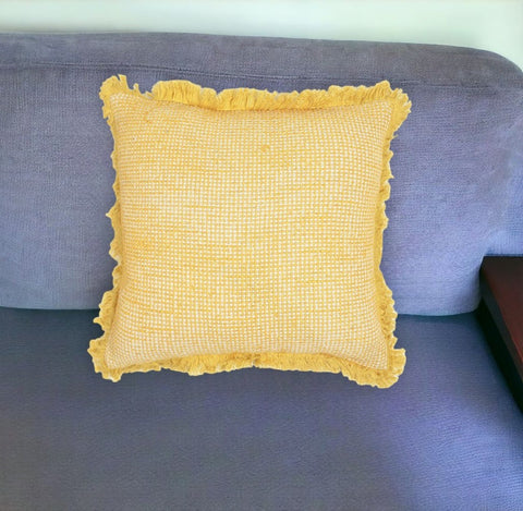 16" Yellow and White Check Cotton Throw Pillow Cover With Fringe