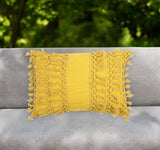 14" X 20" Yellow Handmade Indoor Outdoor Throw Pillow Cover With Tassels