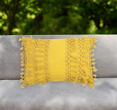 14" X 20" Yellow Handmade Indoor Outdoor Throw Pillow Cover With Tassels