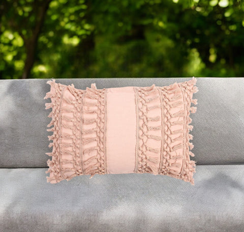 14" X 20" Pastel Pink Handmade Indoor Outdoor Throw Pillow Cover With Tassels