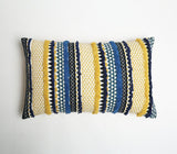 14" X 24" Blue and Yellow Striped Cotton Throw Pillow Cover With Tufts