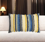 14" X 24" Blue and Yellow Striped Cotton Throw Pillow Cover With Tufts