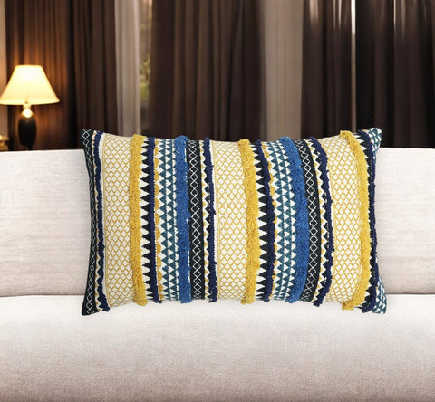 14" X 24" Blue and Yellow Striped Cotton Throw Pillow Cover With Tufts