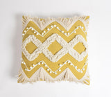 18" Yellow and White Zigzag Cotton Throw Pillow Cover With Embroidery and Fringe