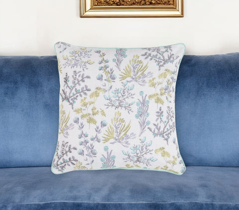 16" Blue and White Botanical Cotton Throw Pillow Cover With Beads