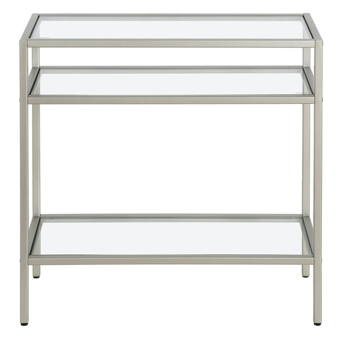 24" Nickel And Clear Glass And Steel End Table With Two Shelves