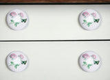 Set of Eight Light Pink And White Ceramic And Metal Floral Drawer Pull Knobs