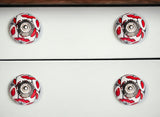 Set of Eight White And Red Ceramic And Metal Drawer Pull Knobs
