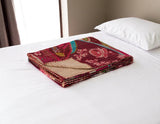 50" X 70" Red Floral Cotton Quilted Kantha Throw Blanket with Embroidery