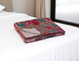 50" X 70" Brown And Red Floral Cotton Quilted Kantha Throw Blanket with Embroidery