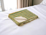 50" X 70" Gold And Green Chevron Cotton Quilted Kantha Throw Blanket with Embroidery