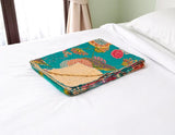 50" X 70" Teal And Pink Floral Cotton Quilted Kantha Throw Blanket with Embroidery