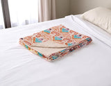 50" X 70" Beige And Pink Ikat Cotton Quilted Kantha Throw Blanket with Embroidery