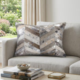 12" X 20" Gray and Silver Chevron Cowhide Lumbar Throw Pillow with Glitter