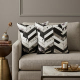 Set of Two 18" Black and Natural Chevron Cowhide Throw Pillows