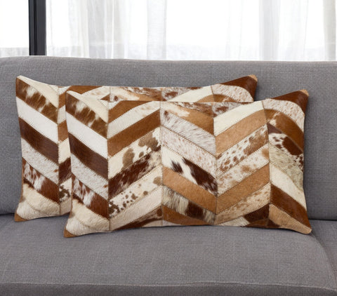Set of Two 12" X 20" Brown and Natural Chevron Cowhide Lumbar Throw Pillows