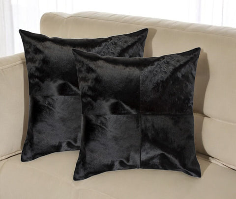 Set of Two 18" Black Cowhide Throw Pillows
