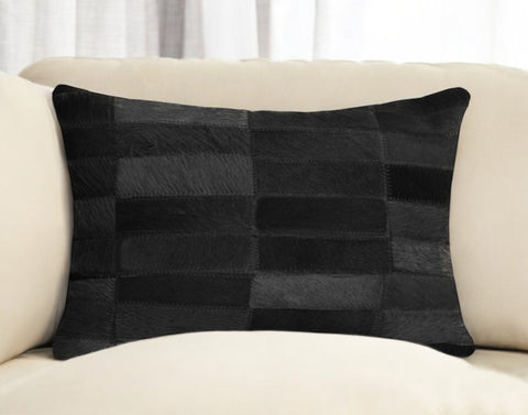 12" X 20" Black Patchwork Cowhide Lumbar Throw Pillow