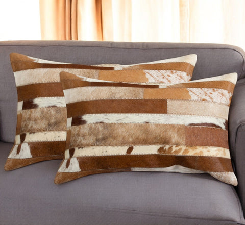 Set of Two 12" X 20" Brown and White Patchwork Cowhide Lumbar Throw Pillows