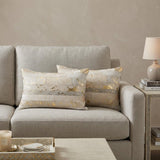 Set of Two 12" X 20" Natural and Gold Patchwork Cowhide Lumbar Throw Pillows with Glitter