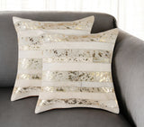Set of Two 18" Natural and Gold Striped Cowhide Throw Pillows with Glitter
