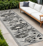 8' Black And White Floral Indoor Outdoor Runner Rug