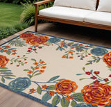 6' X 9' Ivory Blue And Orange Floral Indoor Outdoor Area Rug
