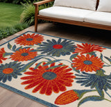 6' X 9' Ivory Blue Orange And Green Floral Indoor Outdoor Area Rug