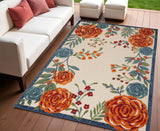 4' X 6' Ivory Blue Orange And Green Floral Indoor Outdoor Area Rug