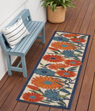 6' Ivory Blue And Orange Floral Indoor Outdoor Runner Rug