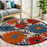 4' Ivory Blue And Orange Round Floral Indoor Outdoor Area Rug