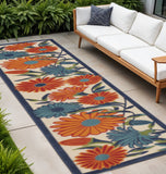 10' Ivory Blue And Orange Floral Indoor Outdoor Runner Rug