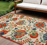 6' X 9' Red Gold Green And Teal Blue Floral Indoor Outdoor Area Rug