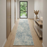 10' Blue And Ivory Abstract Washable Runner Rug