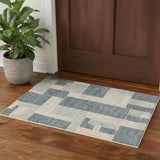 3' X 5' Blue And Ivory Geometric Washable Area Rug