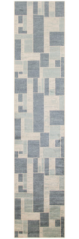 8' Blue And Ivory Geometric Washable Runner Rug