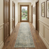 10' Blue And Ivory Floral Medallion Distressed Washable Runner Rug