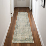 8' Blue And Ivory Floral Medallion Distressed Washable Runner Rug
