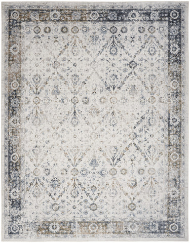 9' X 12' Blue and Ivory Floral Medallion Power Loom Distressed Washable Area Rug