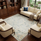 9' X 12' Blue and Ivory Floral Medallion Power Loom Distressed Washable Area Rug