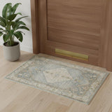 3' X 5' Blue Yellow And Cream Floral Medallion Distressed Washable Area Rug