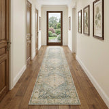 10' Blue And Silver Floral Medallion Distressed Washable Runner Rug