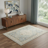 4' X 6' Blue Yellow And Cream Floral Medallion Distressed Washable Area Rug
