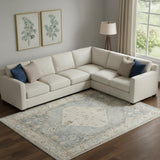7' X 9' Blue Yellow And Cream Floral Medallion Distressed Washable Area Rug